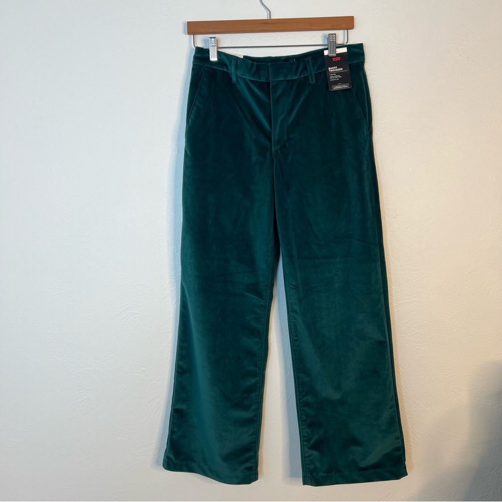 NWT Levi's Velvet Baggy Trousers Green Mid-Rise Straight Leg Loose Fit Size 27